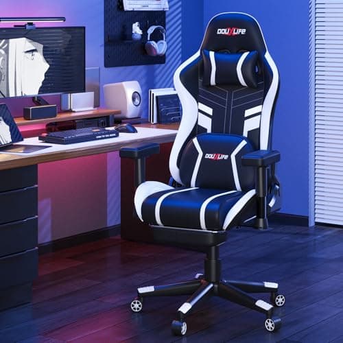 Douxlife 3D Kneading Massage Gaming Chair with Footrest, 400lbs Heavy Duty PC Computer Desk Chair for Adults, Adjustable 2D Armrests, Ergonomic 175° Recline & Optional Heat, Black&White - Thumbnail 2