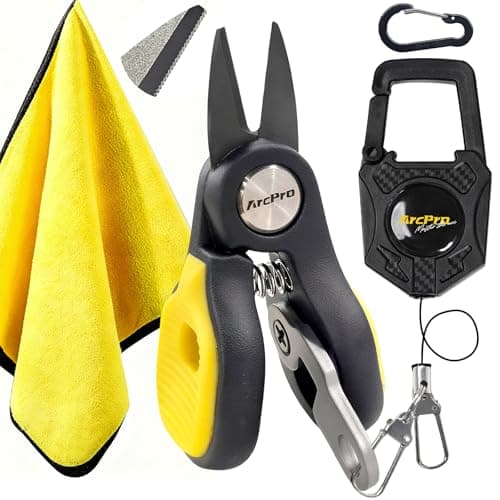 ARCPRO Titanium-Coated Fishing Line Cutter Saltwater Set, Fishing Scissors for Braided Line with Retractable Zinger & Thick Microfiber Towel, One-Hand Operation Anti-Rust Compact Braid Scissors - Image 1