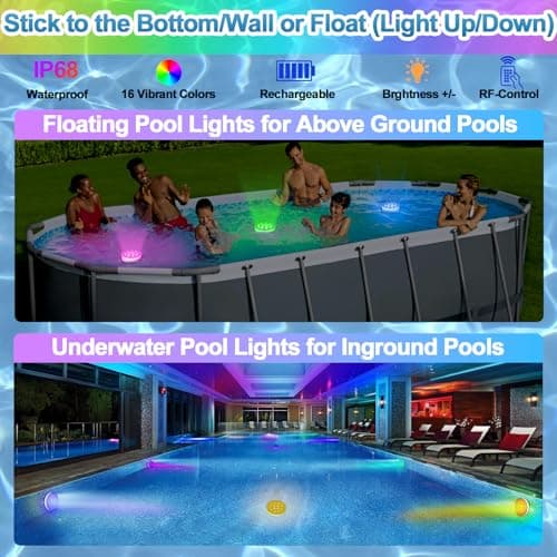 Pool Lights for Above Ground Inground Pool, Underwater Rechargeable Submersible LED Lights with Remote, IP68 Waterproof, Pool Light for Hot Tub, Shower, Vase, Fountain, Aquarium, Bath, Party, 2 Pack - Thumbnail 3