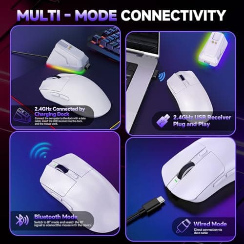 Wireless Gaming Mouse, Tri-Mode 2.4GHz/USB-C/Bluetooth Wireless Mouse with RGB Charging Dock, 24000 DPI, 60Hrs Battery, Ergonomic Lightweight Rechargeable Computer Mice Compatible with PC Mac Laptop - Thumbnail 2