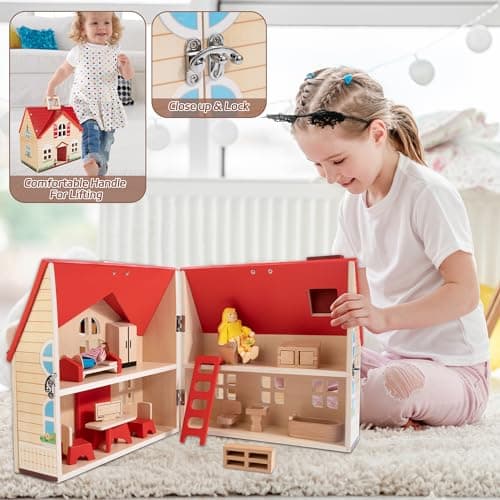 Foldable Wooden Dollhouse with 13PCS Furniture, 4 Rooms and 2 Flexible Dolls, Pretend Play Doll House Set with Portable Handle, Christmas Birthday Gift for Boys Girls Age 3+ - Thumbnail 6