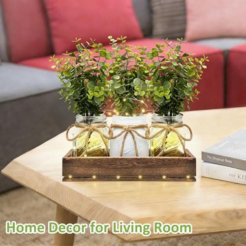 HOMECOR Mason Jar Centerpiece Light Table Decorations - Table Runner Home Decor Coffee Table Decor with Wood Tray and Remote Control Led Light Table Centerpieces for Home Kitchen Dining Living Room - Thumbnail 4