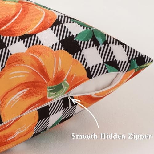 decorUhome Summer Orange Pumpkin Linen Decorative Throw Pillow Covers 18x18 Set of 2 Buffalo Plaid Check Farmhouse Gingham Cushion Covers for Couch Sofa Bed - Thumbnail 4