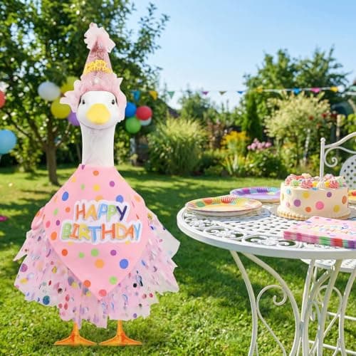 yuboo Pink Birthday Porch Goose Outfit, Tulle Skirt, Glitter Hat & Bandana Fits 17" to 23" Cement Plastic Lawn Geese Summer Garden Decor Statue Clothes - Thumbnail 3