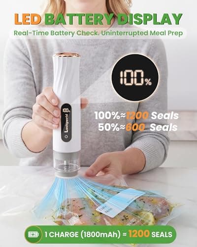 LUCKYWELD Compact Vacuum Sealer for Food: Powerful Handheld Vacuum Sealer Machine & 30 Reusable Vacuum Bags, With LED Display & Detachable Water Tank, Portable Food Sealer, Seal Meal Saver - Thumbnail 4