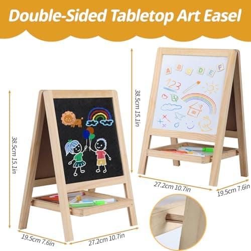 Tabletop Painting Wooden Art Easel for Kids - 4-in-1 Double-Sided Drawing Board for Toddlers 2-4, Chalkboard & Dry Whiteboard with Markers, Eraser, Magnetic Letters/Numbers & Flashcards - Thumbnail 2