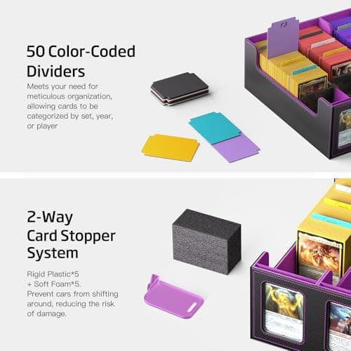 MORCCO Trading Card Storage Box 5-Row 3900+ Capacity,TCG MTG Card Case with Magnetic Lid & Commander Display,Top Loader Storage for Sports Cards,Includes Dividers Dice Box（Black Purple） - Thumbnail 4
