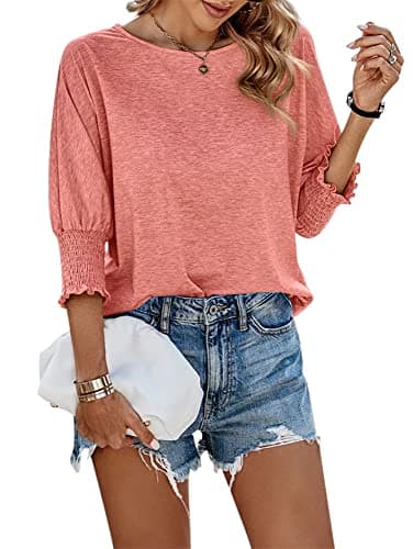 Fazortev Women's 3/4 Sleeve Casual Tops Solid Color Crew Neck Loose Fit Shirts Blouses Pink - Image 1