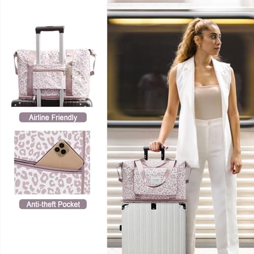 WOOMADA Foldable Travel Duffel Bag, Weekender Bags for Women, Tote Bag with Expandable Space, Carry on bags for airplanes with Wet Pocket & Trolley Sleeve, Gym Bag for Women (pink leopard) - Thumbnail 5