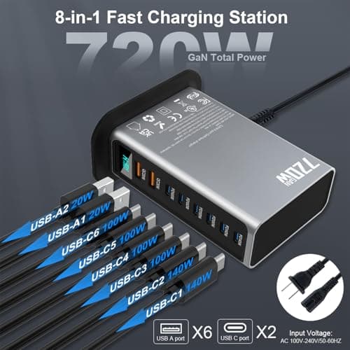 720W USB C Fast Charger Block, PD 3.1 140W 8 Port USB Charging Station, GaN Ⅲ Fast Charging Station for Multiple Devices, Laptop Charger Station Compatible with iPhone 17/iPad/MacBook,Samsung, Silver - Thumbnail 5