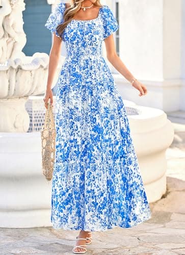 BTFBM Summer Dress for Women 2026 Spring Floral Short Sleeve Casual Flowy A-Line Smocked Tiered Maxi Dresses Pockets(Leaf Blue, Large) - Thumbnail 2