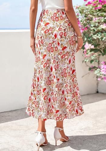 BTFBM Satin Skirts for Women 2025 Fall High Waisted A-Line Leopard Print Cocktail Wedding Long Silk Summer Midi Skirt(Floral White Red, Small) - Thumbnail 3