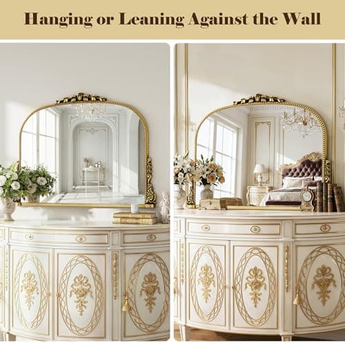 26x38 inch Vintage Arched Gold Ornate Baroque Mirror - Wall Vanity Mirror with Beautiful Retro Top and Bottom Engraving Process Frame for Bathroom, Living Room, Fireplace, Entryway, HD Tempered Glass - Thumbnail 5