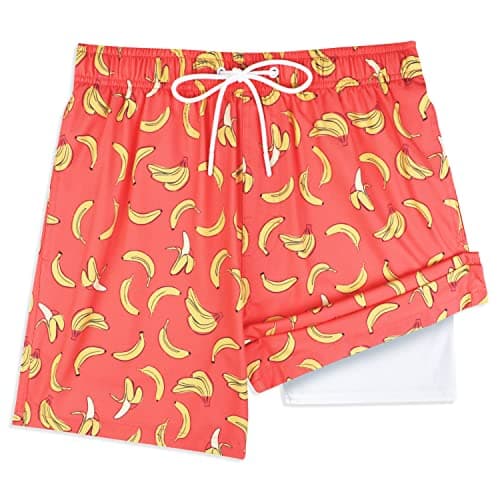 MILANKERR Plus Size Board Shorts Men with Compression Liner,Mens Swimsuits with Compression Shorts 5.5 inch Inseam(Orange Branana,X-Large) - Thumbnail 3