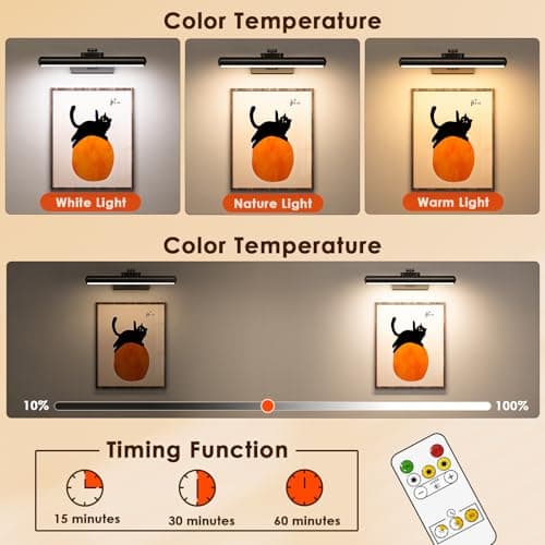 Picture Light for Wall with Remote, Wireless Battery Operated Wall Lights with 3 Colors Dimmable & Timer, 12.6" Rechargeable Metal Wall Sconce for Living Room, Artwork Gallery Display, Black-2Pack - Thumbnail 6