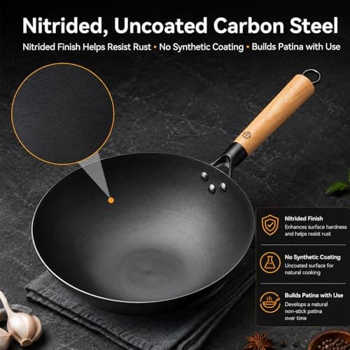 WANGYUANJI 12.6 Inch Carbon Steel Wok Pan with Glass Lid and Spatula, Nitrided Flat Bottom Stir Fry Pan, Uncoated Chinese Iron Wok for Gas, Electric, Ceramic and Induction Cooktops - Thumbnail 4
