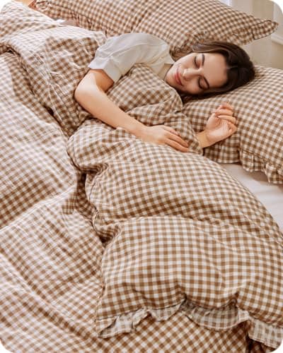 Yuncojin Ruffle Gingham Duvet Cover Queen Size Brown/White,100% Cotton,Shabby Chic Checkered Plaid Comforter Cover Set,3-Piece Vintage Bedding,90"×90"