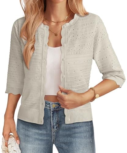 GRACE KARIN 3/4 Sleeve Cardigan Sweaters for Women Button Down Lightweight Summer Cardigan Open Front Crop Jacket Beige M - Image 1