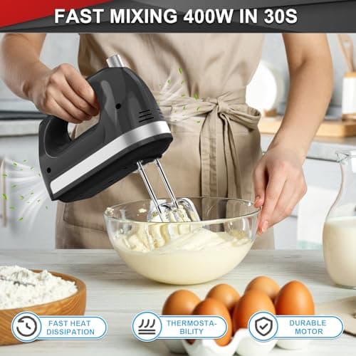 Lord Eagle Hand Mixer Electric Handheld 400W, 5-Speed Lightweight Kitchen Mixer with Storage Case, 5 Stainless Steel Attachments for Baking Cake Egg Cream Food Beater, Turbo+Eject Button, Black - Thumbnail 4