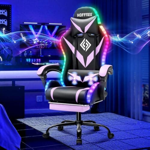 HOFFREE Gaming Chair Massage with Bluetooth Speakers and Led Lights Ergonomic Computer Gaming Chair with Footrest RGB Video Game Chair with High Back Lumbar Support Purple and Black