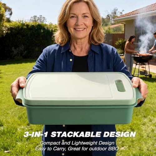 Sunmei Grill Prep and Serving Trays, 3-in-1 Stackable BBQ Food Tray, 5PCS BBQ Serving Set with Marinating Container, Serving Platter, Cutting Board and 2PCS Colored 12-Inch Grill Tongs (Green) - Thumbnail 6