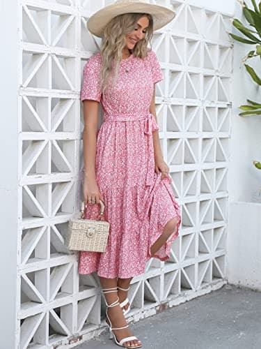 Lyrur Womens Short Sleeve Midi Dress with Pockets Pink Floral Crewneck Tiered Ruffle Casual Summer Sundress(S,9191-Pink Floral) - Thumbnail 5
