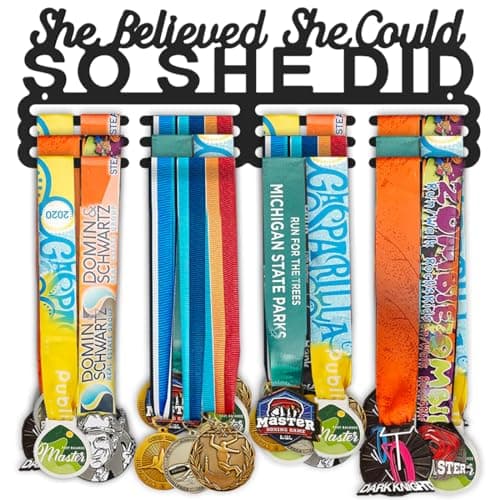 Dafftos Awards She Believed She Could So She Did Medal Display Hanger Holder Bib Ribbon Rack Organizer Awards Ribbon Wall Mount Easy to Assemble Fashion Store 60 Medal Holders for Runners 14 Inch - Image 1