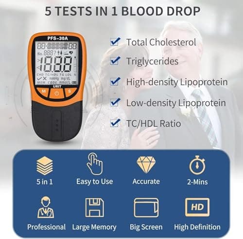 Official Blood Total Cholesterol Test Kit, 5 in 1 Triglycerides Test Kit Professional Grade Quick Blood Lipid Analysis Meter with 10 Cholesterol Test Strips for Home use - Thumbnail 2