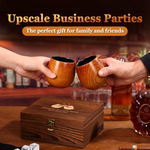 Charred Wooden Bourbon Glasses Set, 2 Pack Handcrafted Whiskey Tumblers with 6 Stainless Steel Whiskey Stones & Ice Tongs in Wooden Gift Box, Unique Bourbon Gifts for Men, Dad, Boyfriend - Thumbnail 4