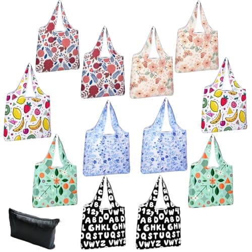 RUIPBOTE 12 Pack Reusable Grocery Bags, Foldable Shopping Bags with 6 Patterns, Reusable Tote Bags for Grocery, Travel, Gift - Image 1