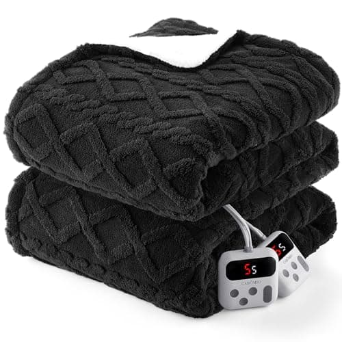 CAROMIO Electric Blanket Queen Size Dual Control - Thick Tufted Sherpa Heated Blanket Queen with 10 Heating Levels and 10 Time Settings, ETL Certified Fast Heating Blanket Queen Size 84"×90", Black
