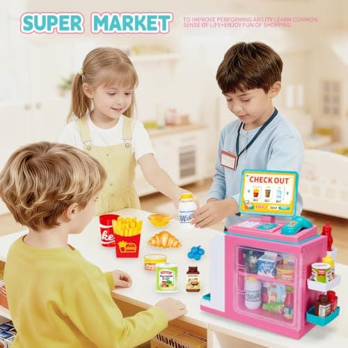 FS Kids Pretend Play Store Set with Toy Cash Register for Kids, 45 Piece Accessories Grocery Store Playset with Scanner, Food & Play Money & Ice Cream Maker for 3+ Kids 5-8 Girls, Pink - Thumbnail 4