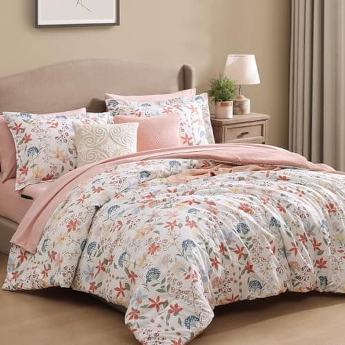 CASAAGUSTO King Comforter Set, 7 Pieces Bed in a Bag King Clay Pink Floral Comforter Set with Flowers Leaves Pattern, Soft Seersucker Design All Season King Size Bedding Set - Thumbnail 3