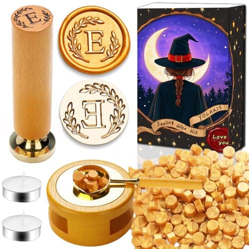 YOLAKIS Botanical Alphabet E Wax Seal Stamp Kit with Initial Wood Handle Vintage Floral Leaves Brass Wax Stamp Head Ideal for Wedding Invites Gift Wrapping Envelopes & Christmas Cards Decor-E Kit - Image 1