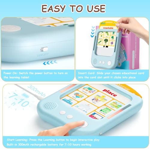 Interactive Educational Learning Tablet Toy for Kids,Screen-Free Phonics Learning Toy with 30 Flash Cards for Alphabets, Numbers, Words, Animals, Learn to Read for Boys Girls 3-5 Years Old, Blue - Thumbnail 4