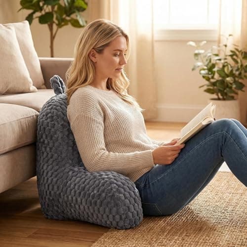 GRASS BROOK Faux Fur Reading Pillow with Pocket & Handle for Sitting in Bed, Ergonomic Back Support Bed Pillow for Lounging, Study & Relaxing, Gray 15.5 inches - Thumbnail 5