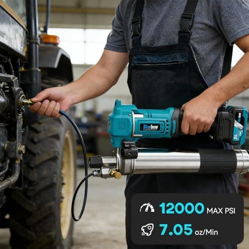 Bluebow 21V Cordless Electric Grease Gun Kit - 12000 PSI High Pressure, 7.05 oz/min, Variable Speed Trigger, LED Light, 2×4000 mAh Batteries, 39.4" Flexible Hose, Pressure Relief Valve - Thumbnail 2