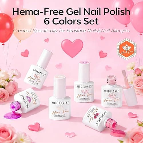 modelones Pink Gel Nail Polish Set,Hema-Free Light Pink White Hot Pink Gel Polish Kit Magenta Purple Shimmer LED 6 Colors 2026 Spring Easter Nail Art Gift Salon DIY Starter Kit - Thumbnail 4