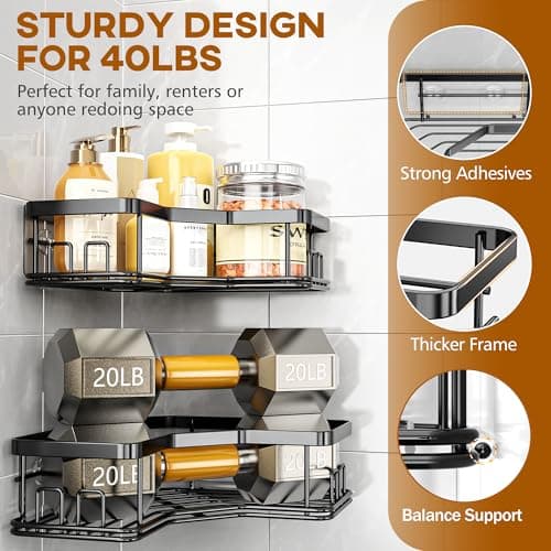 MAXIFFE 3 Pack Corner Shower Caddy with Soap Holder, Large Capacity Sturdy Easy Install No Drilling Stainless Steel Hold 40 LBS Shower Organizer Shelves Rack Storage for Family Renters Bathroom, Black - Thumbnail 4