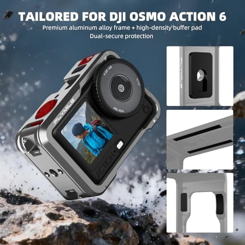 Flymile Action 6 Camera Cage for DJI Osmo Action 6, Protective Case Metal Frame with Silicone Lens Cap, Cold Shoe & 1/4" Threads Adapter, Aluminum Alloy Quick Release Mount Accessories - Thumbnail 3