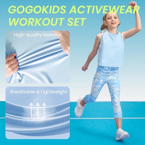 Gogokids Girls' Activewear Workout Set 2 Piece Athletic Sets Sleeveless Mesh Tank Tops and Capris Leggings Yoga Pants, Blue(140/9-10 Years) - Thumbnail 4