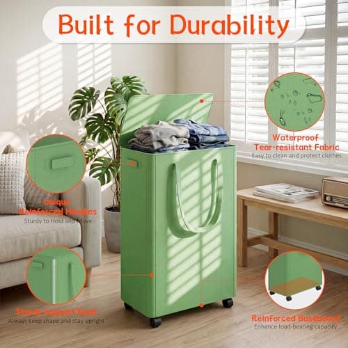 Slim Laundry Hamper with Wheels,15 Gal (55L) Rolling Laundry Basket with lid and wheels Clothes Hamper Foldable Tall Dirty Clothes Basket Sturdy Collapsible Clothes Hamper for Dorm,Laundry Room - Thumbnail 3