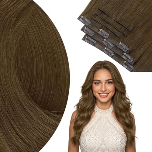 Ve Sunny Brown Hair Extensions Clip ins Human Hair Invisible Seamless Real Hair Extensions Genius Human Hair Clip in Extensions Full Head 20 inch 120g - Image 1