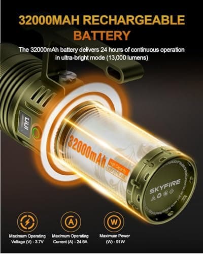 SKYFIRE Rechargeable Spotlight, 13000 Lumens High Lumens Flashlight, 32000mAh 24H Runtime LED Searchlight, IP67 Waterproof Handheld Spotlight for Hunting Boating Camping, 10 Modes with LCD Display - Thumbnail 4