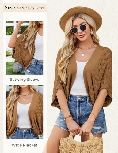 Lightweight Crochet Open Front Chunky Summer Cropped Cardigan Shrug Coffee L - Thumbnail 5