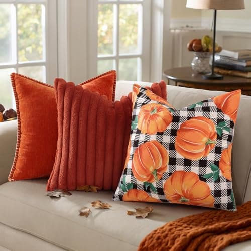 decorUhome Summer Orange Pumpkin Linen Decorative Throw Pillow Covers 18x18 Set of 2 Buffalo Plaid Check Farmhouse Gingham Cushion Covers for Couch Sofa Bed - Thumbnail 2