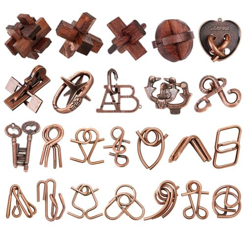 24 Pcs Brain Teaser Puzzles for Adults - Metal & Wooden 3D IQ Test Logic Game, Unlock Interlocking Brain Puzzle Toys for Teens Kids, Smart Educational Desk Toy for Mind Challenges - Image 1