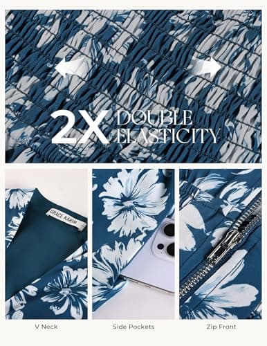 GRACE KARIN Womens Summer Maxi Floral Dress Casual 2026 Long Zipper Dresses Boho Flowy Beach Vacation Sundress with Pockets Blue Floral M - Thumbnail 5