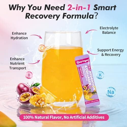 AirVigor Electrolyte Powder Packets, 10G Collagen Hydration Packets, Sugar Free Daily Electrolyte Hydration Recocery Drink Mix with 5 Vitamins & Glutathione, Joint Skin Muscle Support, Keto, Tropical - Thumbnail 3