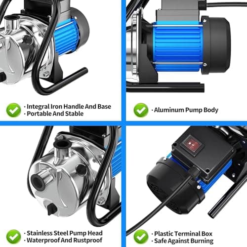 PANRANO Water Transfer Pump 110V Shallow Well Pump 1.6HP 1800GPH Electric Portable Garden Pressure Booster Pumps for Pool Draining Farm Irrigation Lake Lawn Sprinkler System - Thumbnail 4